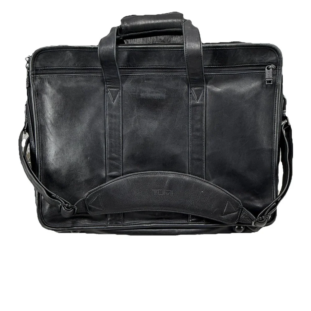 TUMI Alpha All Black Leather Shoulder‎ Laptop Bag